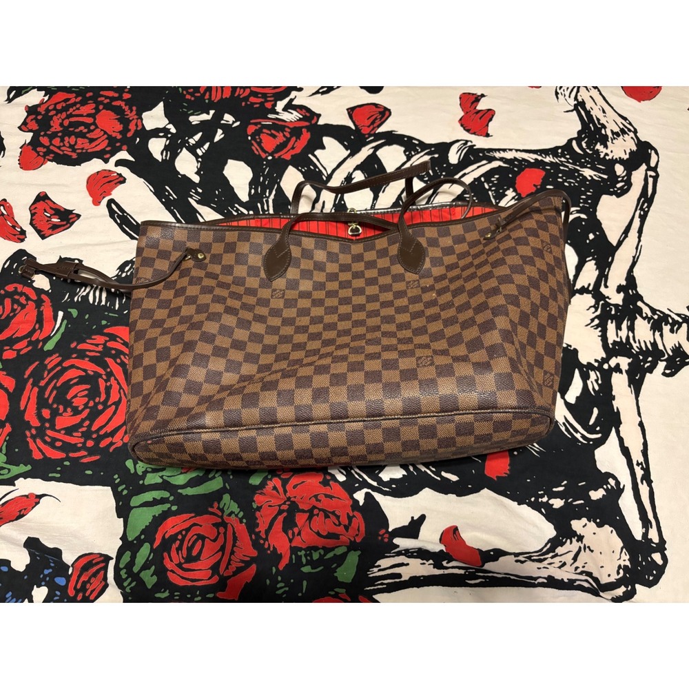 Louis Vuitton Neverfull MM Damier Ebene Tote Bag Brown Red Interior